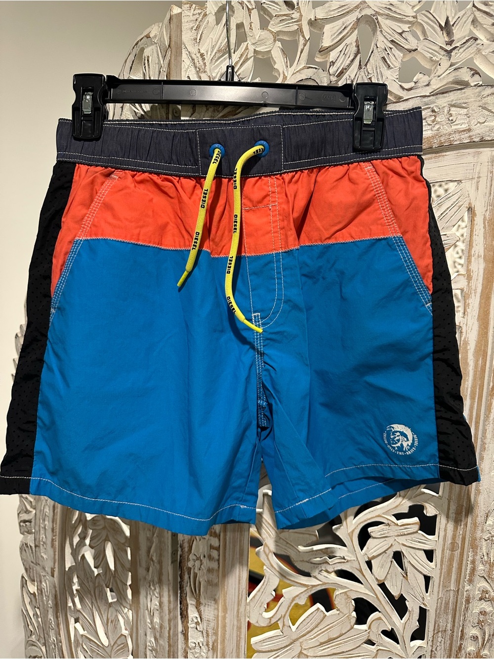 Diesel Colorblock Swim Shorts in Blue, Coral, Navy with Yellow Drawstring